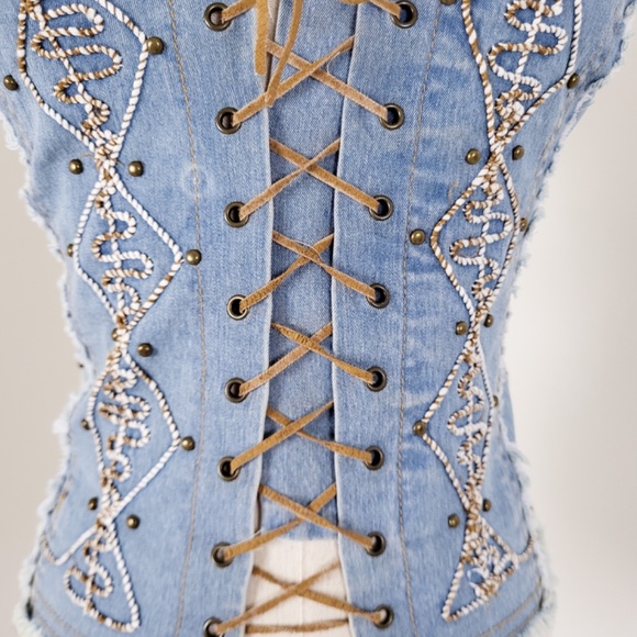 Vintage denim lace-up cropped camisole tank top denim embroidered embroidery - Picture 13 of 13